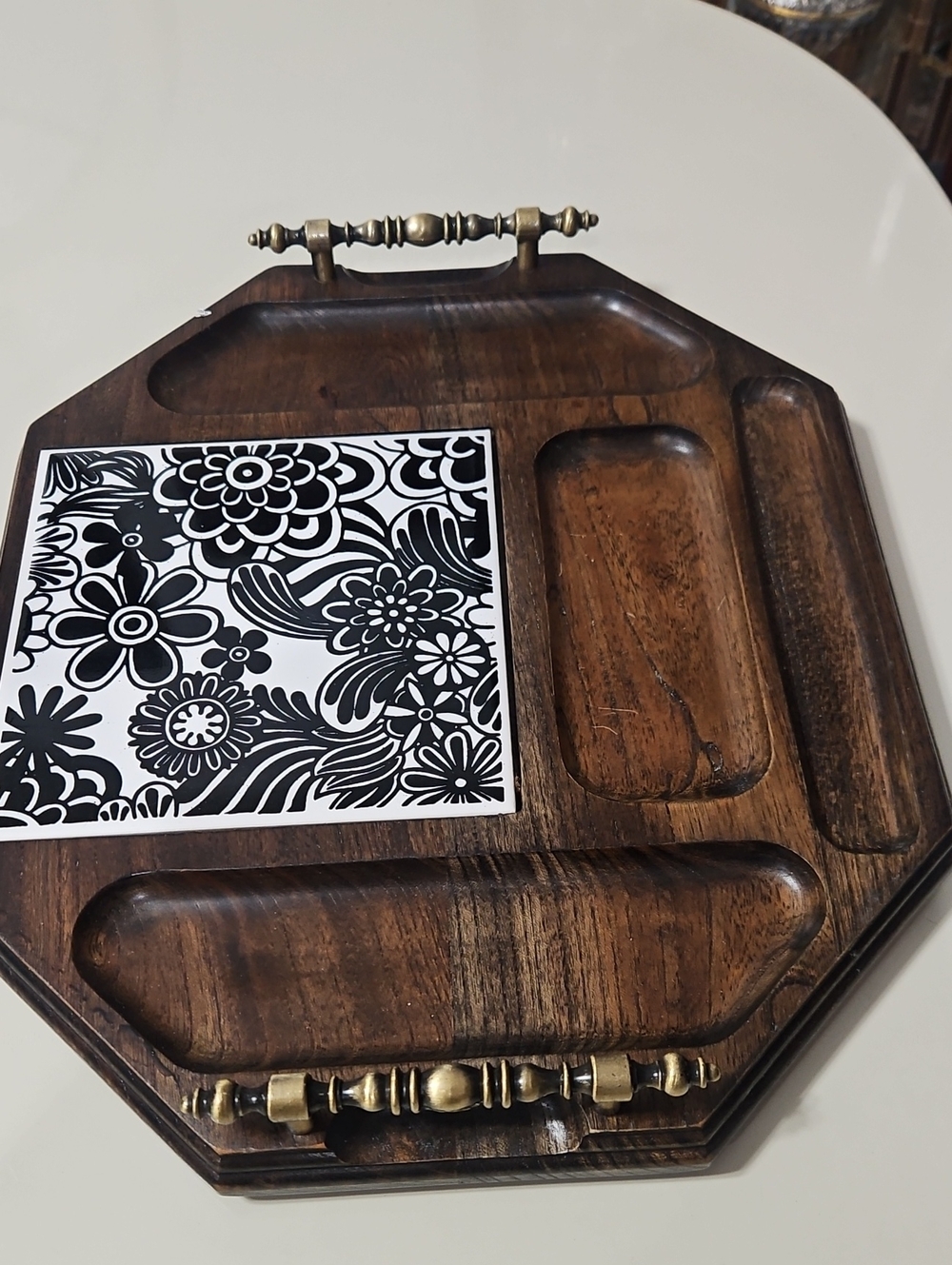 Wood Serving Tray with Brass Handles - Dark Brown
